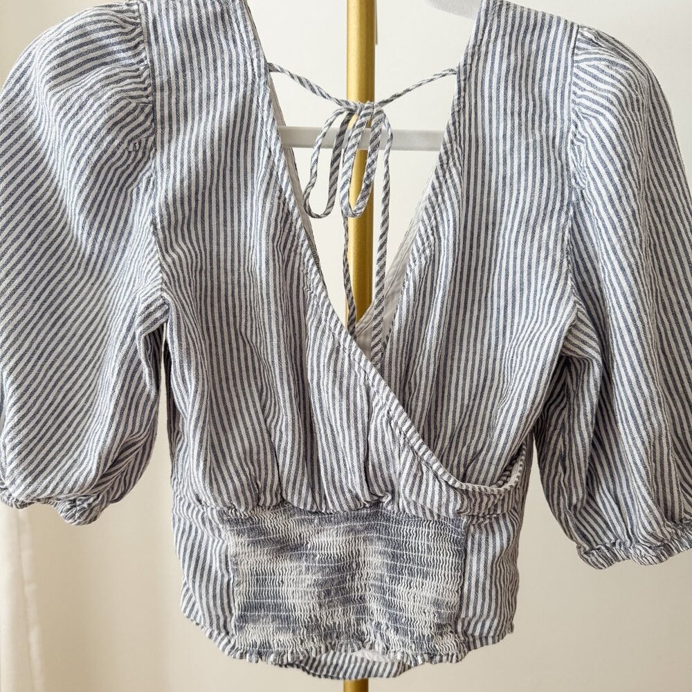 Abercrombie & Fitch Striped Linen Wrap Crop Top | Puff Sleeve | Smocked Back | S - Picture 3 of 12